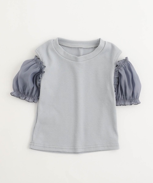 URBAN CHERRY(アーバンチェリー)の「オープンショルダー異素材ドッキングシアーパフスリーブリブトップス(Tシャツ/カットソー・キッズ・アイボリー/ブルー/ピンク・110cm/120cm/130cm/150cm/140cm)」の6枚目の写真