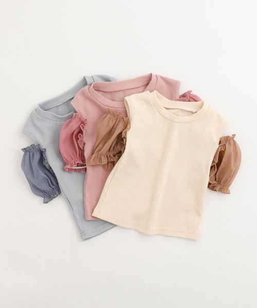 URBAN CHERRY(アーバンチェリー)の「オープンショルダー異素材ドッキングシアーパフスリーブリブトップス(Tシャツ/カットソー・キッズ・アイボリー/ブルー/ピンク・110cm/120cm/130cm/150cm/140cm)」の8枚目の写真