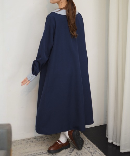 INTER FACTORY(インターファクトリー)の「ポケットフリル襟付きワンピース made in INTER FACTORY(ワンピース・レディース・ネイビー/アイボリー・FREE)」の5枚目の写真