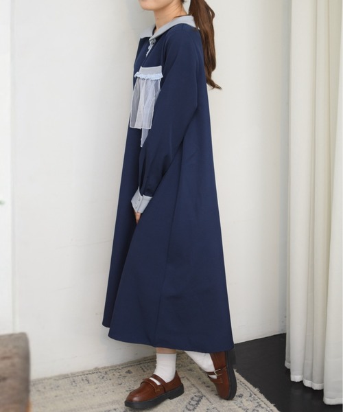 INTER FACTORY(インターファクトリー)の「ポケットフリル襟付きワンピース made in INTER FACTORY(ワンピース・レディース・ネイビー/アイボリー・FREE)」の6枚目の写真