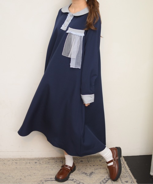 INTER FACTORY(インターファクトリー)の「ポケットフリル襟付きワンピース made in INTER FACTORY(ワンピース・レディース・ネイビー/アイボリー・FREE)」の8枚目の写真