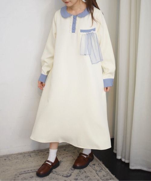 INTER FACTORY(インターファクトリー)の「ポケットフリル襟付きワンピース made in INTER FACTORY(ワンピース・レディース・ネイビー/アイボリー・FREE)」の9枚目の写真