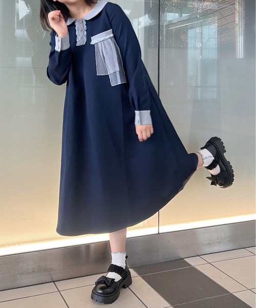 INTER FACTORY(インターファクトリー)の「ポケットフリル襟付きワンピース made in INTER FACTORY(ワンピース・レディース・ネイビー/アイボリー・FREE)」の12枚目の写真