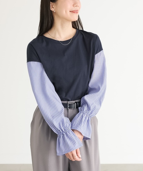 n'OrLABEL（ノアールレーベル）の「異素材キャンディースリーブカットソー（Tシャツ/カットソー・レディース・ネイビー/ブラック/ブラウン/グリーン・2/1）」の4枚目の写真