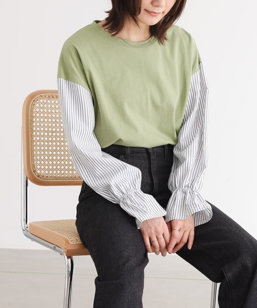 n'OrLABEL（ノアールレーベル）の「異素材キャンディースリーブカットソー（Tシャツ/カットソー・レディース・ネイビー/ブラック/ブラウン/グリーン・2/1）」の3枚目の写真