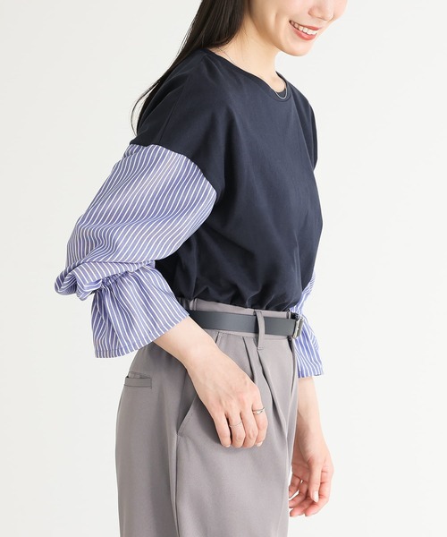 n'OrLABEL（ノアールレーベル）の「異素材キャンディースリーブカットソー（Tシャツ/カットソー・レディース・ネイビー/ブラック/ブラウン/グリーン・2/1）」の6枚目の写真