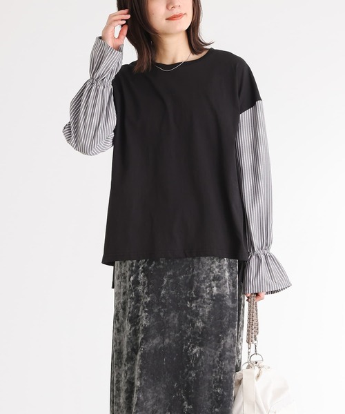 n'OrLABEL（ノアールレーベル）の「異素材キャンディースリーブカットソー（Tシャツ/カットソー・レディース・ネイビー/ブラック/ブラウン/グリーン・2/1）」の9枚目の写真