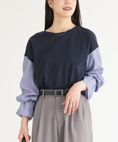 n'OrLABEL（ノアールレーベル）の「異素材キャンディースリーブカットソー（Tシャツ/カットソー・レディース・ネイビー/ブラック/ブラウン/グリーン・2/1）」の5枚目の写真