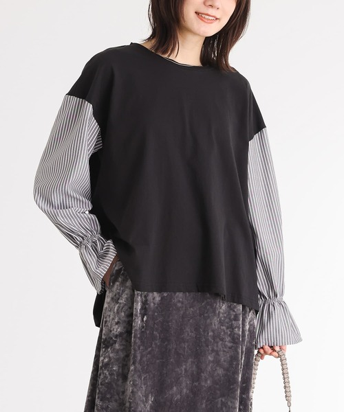 n'OrLABEL（ノアールレーベル）の「異素材キャンディースリーブカットソー（Tシャツ/カットソー・レディース・ネイビー/ブラック/ブラウン/グリーン・2/1）」の8枚目の写真