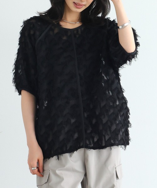itto...(イット)の「華やかな立体感フリンジジャガードシアートップス(シャツ/ブラウス・レディース・ブラック/アイボリー・M)」の14枚目の写真