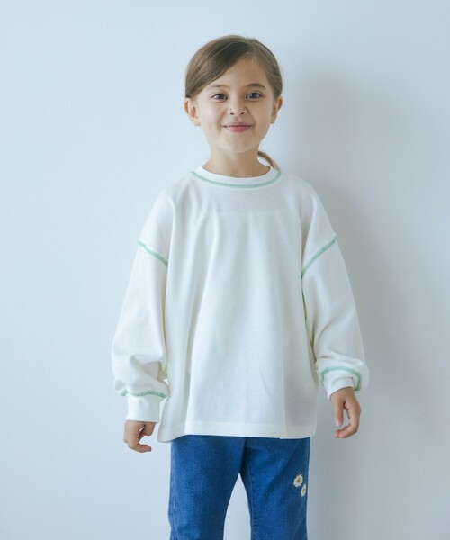 green label relaxing（グリーンレーベルリラクシング）の「TJ ハニカム 配色ステッチ ロングスリーブ / キッズ 100cm-130cm（Tシャツ/カットソー・キッズ・ライトピンク/ブラック/オフホワイト/ライトブルー/ケリーグリーン・120cm/100cm/130cm/110cm）」の2枚目の写真