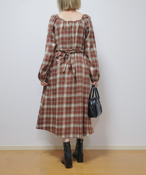 セール】Uネックチェックワンピース / ナチュラル フレンチ 大人