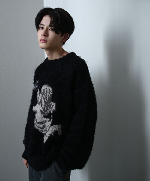 NILWAY（ニルウェイ）の「クルーネック アソート シャギー ニット / モヘアライク アソート デザイン ニット（ニット/セーター・メンズ・ブラック/アイボリー/ブラック系2/ブラック系1/ブラック系/チャコール/ブラック系4/グレー系/ブラック系3/グレー系1・MEDIUM/LARGE）」の7枚目の写真