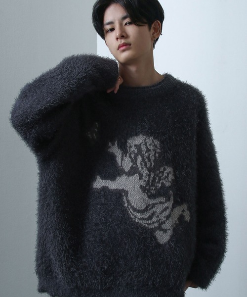 NILWAY（ニルウェイ）の「クルーネック アソート シャギー ニット / モヘアライク アソート デザイン ニット（ニット/セーター・メンズ・ブラック/アイボリー/ブラック系2/ブラック系1/ブラック系/チャコール/ブラック系4/グレー系/ブラック系3/グレー系1・MEDIUM/LARGE）」の10枚目の写真