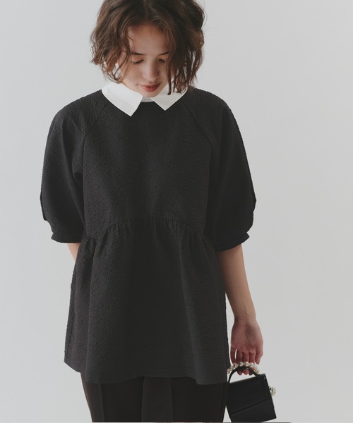 ペプラムトップス、デザイントップス セール】つけ襟付きペプラムデザイントップス（Tシャツ