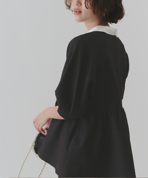ペプラムトップス、デザイントップス セール】つけ襟付きペプラムデザイントップス（Tシャツ