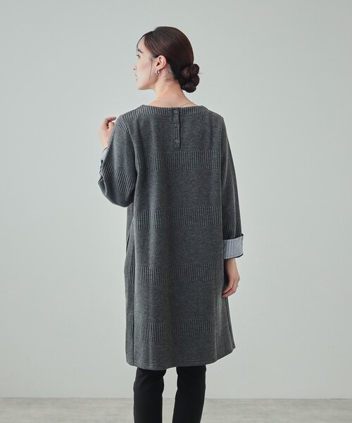 S-LL/体型カバー】お袖ストライプ Aライン チュニックワンピース