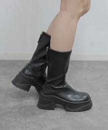 Reurie' | プラットフォームストレッチブーツ／platform stretch boots ミドル丈 ショートブーツ 厚底 シンプル カジュアル モード ベーシック サイドジップ 黒 ブラック モノトーン(ブーツ)