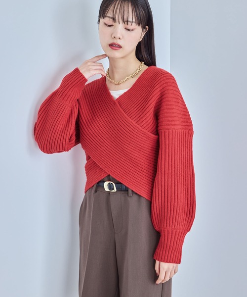 VIS（ビス）の「ふんわりカシュクールニットプルオーバー（ニット/セーター・レディース・レッド/オフホワイト/チャコールグレー・FREE）」の9枚目の写真