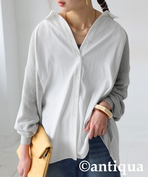 antiqua(アンティカ)の「ニットドッキングシャツ(シャツ/ブラウス・レディース・ホワイト/ブラック・ONESIZE)」の2枚目の写真