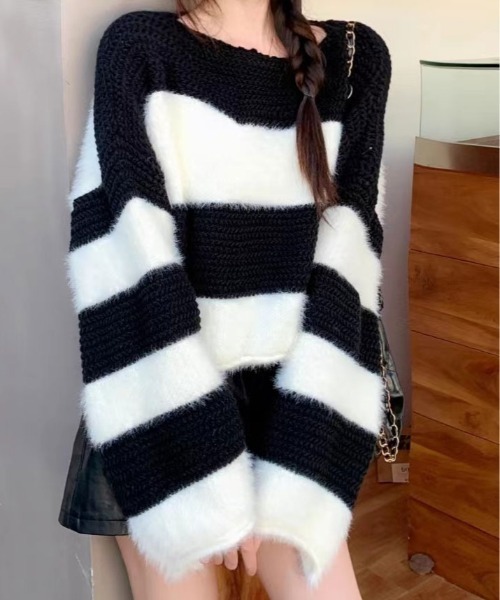 kirakiraShop(キラキラショップ)の「ラウンドネック ニット ファー ドッキング トップス(ニット/セーター・レディース・ブラック/ブラウン・FREE)」の12枚目の写真