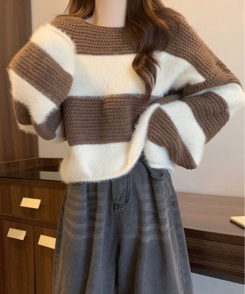kirakiraShop(キラキラショップ)の「ラウンドネック ニット ファー ドッキング トップス(ニット/セーター・レディース・ブラック/ブラウン・FREE)」の15枚目の写真