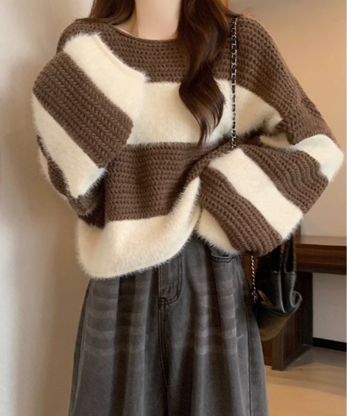 kirakiraShop(キラキラショップ)の「ラウンドネック ニット ファー ドッキング トップス(ニット/セーター・レディース・ブラック/ブラウン・FREE)」の16枚目の写真