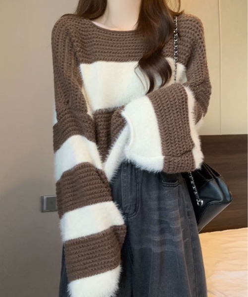 kirakiraShop(キラキラショップ)の「ラウンドネック ニット ファー ドッキング トップス(ニット/セーター・レディース・ブラック/ブラウン・FREE)」の9枚目の写真