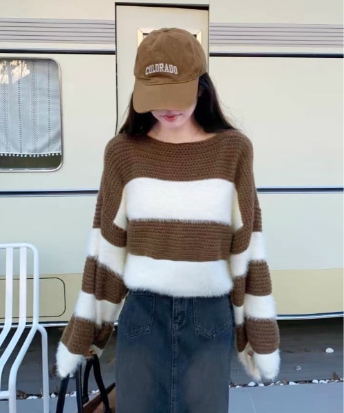 kirakiraShop(キラキラショップ)の「ラウンドネック ニット ファー ドッキング トップス(ニット/セーター・レディース・ブラック/ブラウン・FREE)」の4枚目の写真