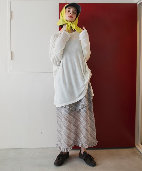 forksy.】ペールカラー シアーチェック フリル キャミワンピース
