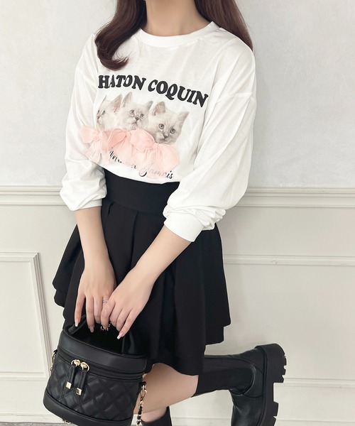 apres jour(アプレジュール)の「猫アソートリボンロンT(Tシャツ/カットソー・レディース・ブラウン系その他/ピンク/ホワイト/ブルー・フリー/X-LARGE)」の1枚目の写真