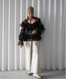 シャツ/ブラウス(半袖/袖なし) AMERI BLACK TULLE HEM RAFFLE TOP セール】BLACK TULLE HEM RAFFLE TOP（シャツ/ブラウス）｜Ameri