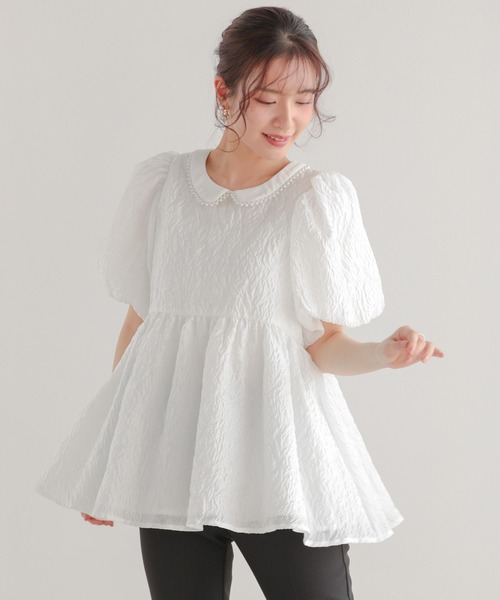 パール襟ジャガードペプラムトップス（その他トップス）｜Fit more