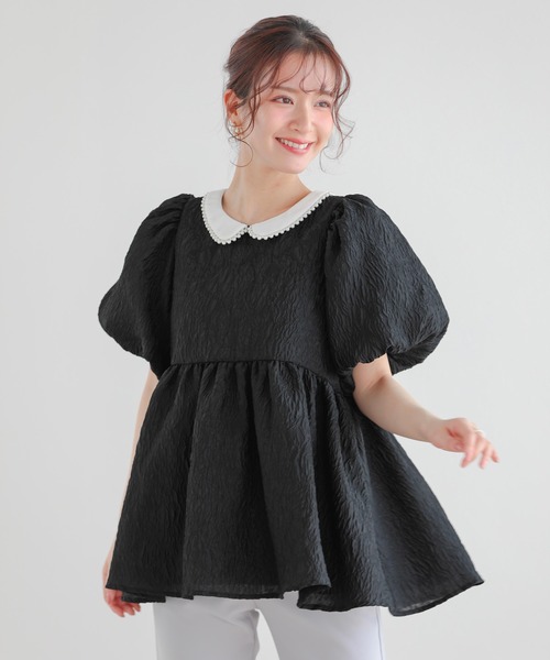 フィットモア　パール襟ジャガードペプラムトップス パール襟ジャガードペプラムトップス（その他トップス）｜Fit more