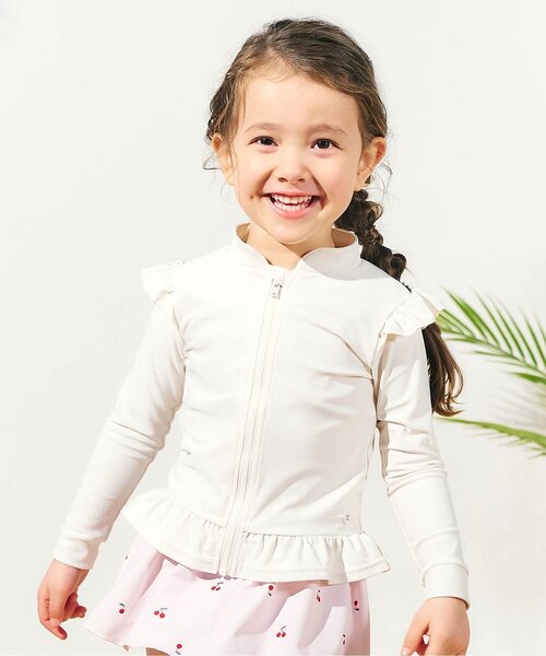 apres les cours（アプレレクール）の「【UVカット/ジュニア対応】肩フリルラッシュガード（ラッシュガード・キッズ・アイボリー/ピンク・80/90/100/110/120/130/140）」の2枚目の写真