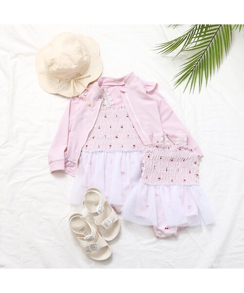 apres les cours（アプレレクール）の「【UVカット/ジュニア対応】肩フリルラッシュガード（ラッシュガード・キッズ・アイボリー/ピンク・80/90/100/110/120/130/140）」の7枚目の写真