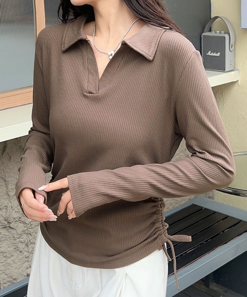 LOWO(ロワ)の「サイドシャーリングリボン襟付きリブカットソー(Tシャツ/カットソー・レディース・オフホワイト/チャコールグレー/ブラック/モカ・FREE)」の4枚目の写真
