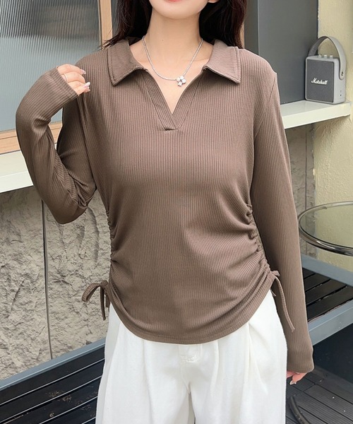 LOWO(ロワ)の「サイドシャーリングリボン襟付きリブカットソー(Tシャツ/カットソー・レディース・オフホワイト/チャコールグレー/ブラック/モカ・FREE)」の6枚目の写真