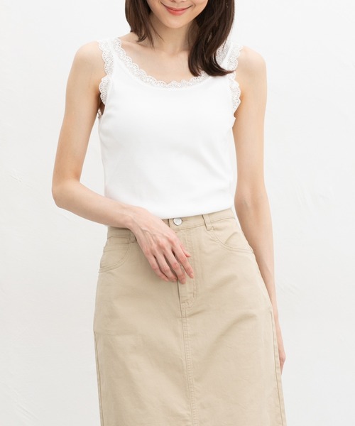 Honeys（ハニーズ）の「【ＵＶカット・吸水速乾】テレコレースタンク（キャミソール・レディース・サックスブルー/ブラック/オフホワイト/イエロー/モカ/コーラルピンク・L/M/LL/S）」の2枚目の写真