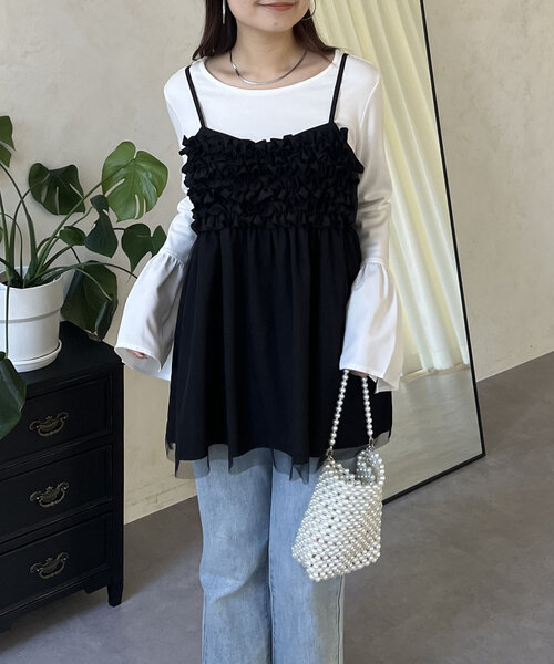 prose verse(プロズヴェール)の「ギャザーフリルチュールレイヤードビスチェ(キャミソール・レディース・ブラック・LARGE/MEDIUM)」の12枚目の写真