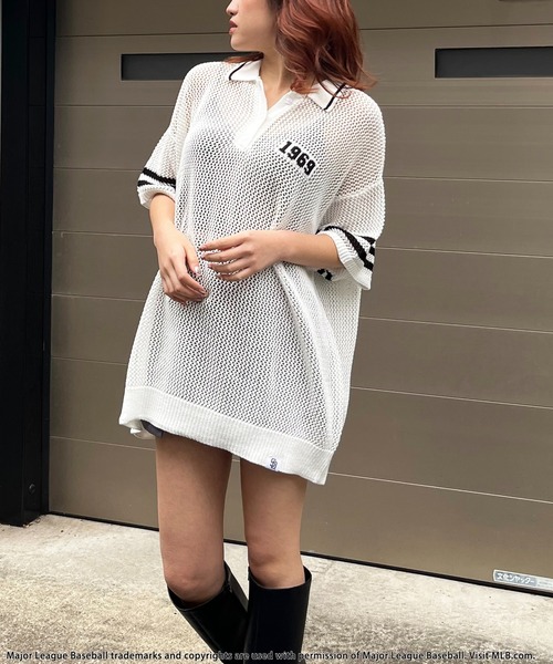 BACK TO THE FIELD（バック トゥー ザ フィールド）の「【MLB】バックロゴメッシュポロジャガードニット（ニット/セーター・レディース・ブラック/ホワイト/ピンク・FREE）」の4枚目の写真