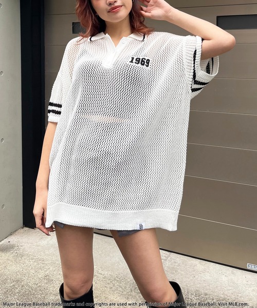 BACK TO THE FIELD（バック トゥー ザ フィールド）の「【MLB】バックロゴメッシュポロジャガードニット（ニット/セーター・レディース・ブラック/ホワイト/ピンク・FREE）」の6枚目の写真