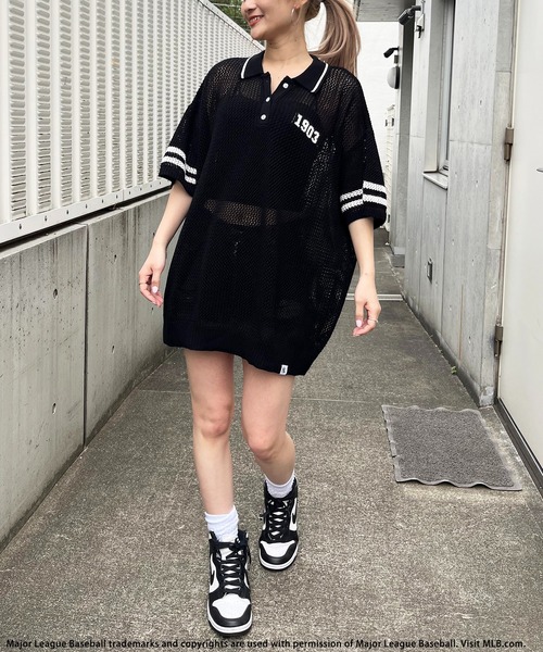 BACK TO THE FIELD（バック トゥー ザ フィールド）の「【MLB】バックロゴメッシュポロジャガードニット（ニット/セーター・レディース・ブラック/ホワイト/ピンク・FREE）」の12枚目の写真