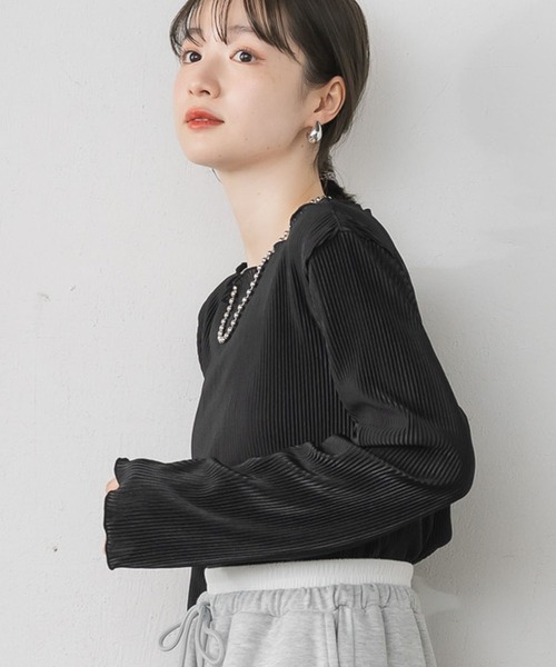 RETRO GIRL（レトロガール）の「シャイニープリーツPO（Tシャツ/カットソー・レディース・ナチュラル/ライトグレー/ブラック・FREE）」の2枚目の写真