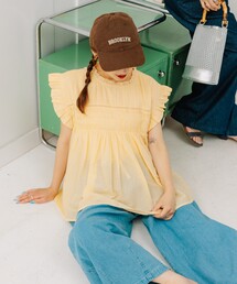 黄色トップス ふわふわトップス 派手色トップス レディース 強撚ガーゼフライス 花柄 ルーズネック カットソー