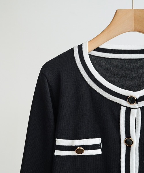 maison de LATIR（メゾンドラティール）の「パイピング使いが華やかさをUP！夏服ノーカラージャケット風UVカットカーデ（カーディガン/ボレロ・レディース・ブラック・ONESIZE）」の6枚目の写真