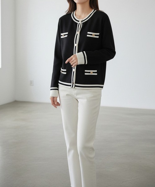 maison de LATIR（メゾンドラティール）の「パイピング使いが華やかさをUP！夏服ノーカラージャケット風UVカットカーデ（カーディガン/ボレロ・レディース・ブラック・ONESIZE）」の14枚目の写真