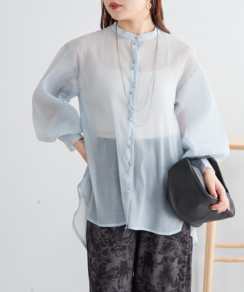 セール】6色展開、バンドカラーボリューム袖シアーブラウス
