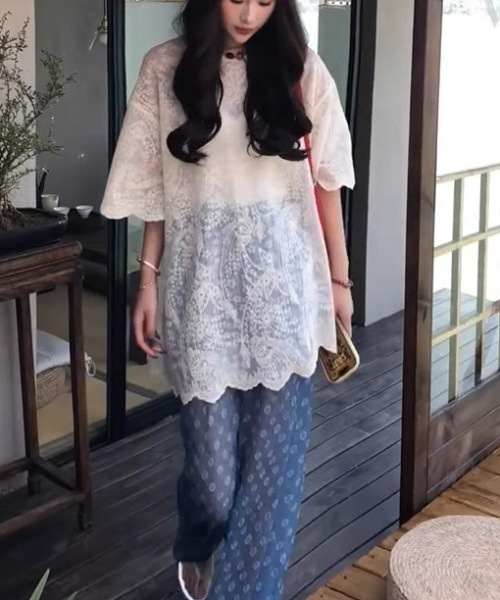 gossip!ロサンゼルス(ゴシップロサンゼルス)の「ゆるシルエット ラウンドネックフェミニンレーストップス(Tシャツ/カットソー・レディース・オフホワイト・M)」の8枚目の写真