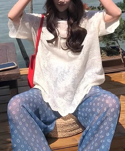 gossip!ロサンゼルス(ゴシップロサンゼルス)の「ゆるシルエット ラウンドネックフェミニンレーストップス(Tシャツ/カットソー・レディース・オフホワイト・M)」の9枚目の写真